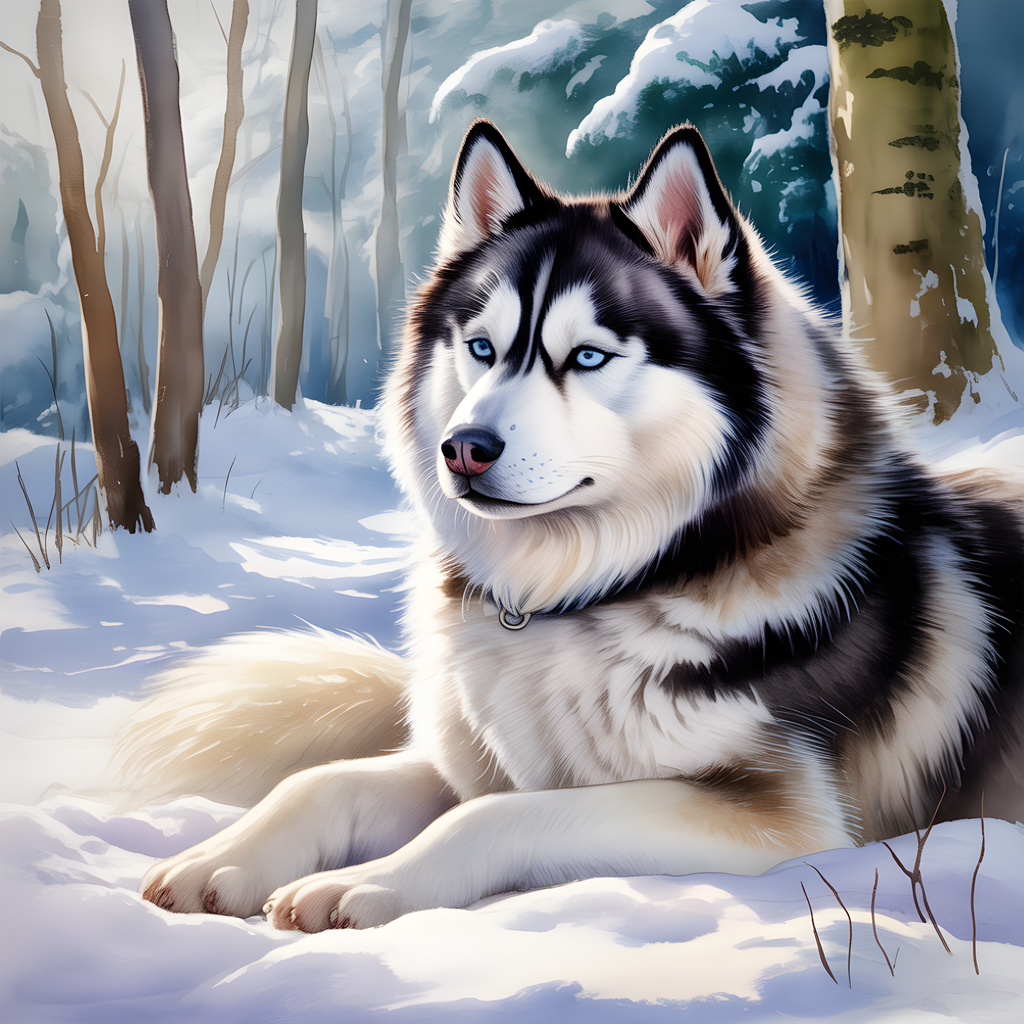 Husky in Winter Forest - Watercolor Wall Art