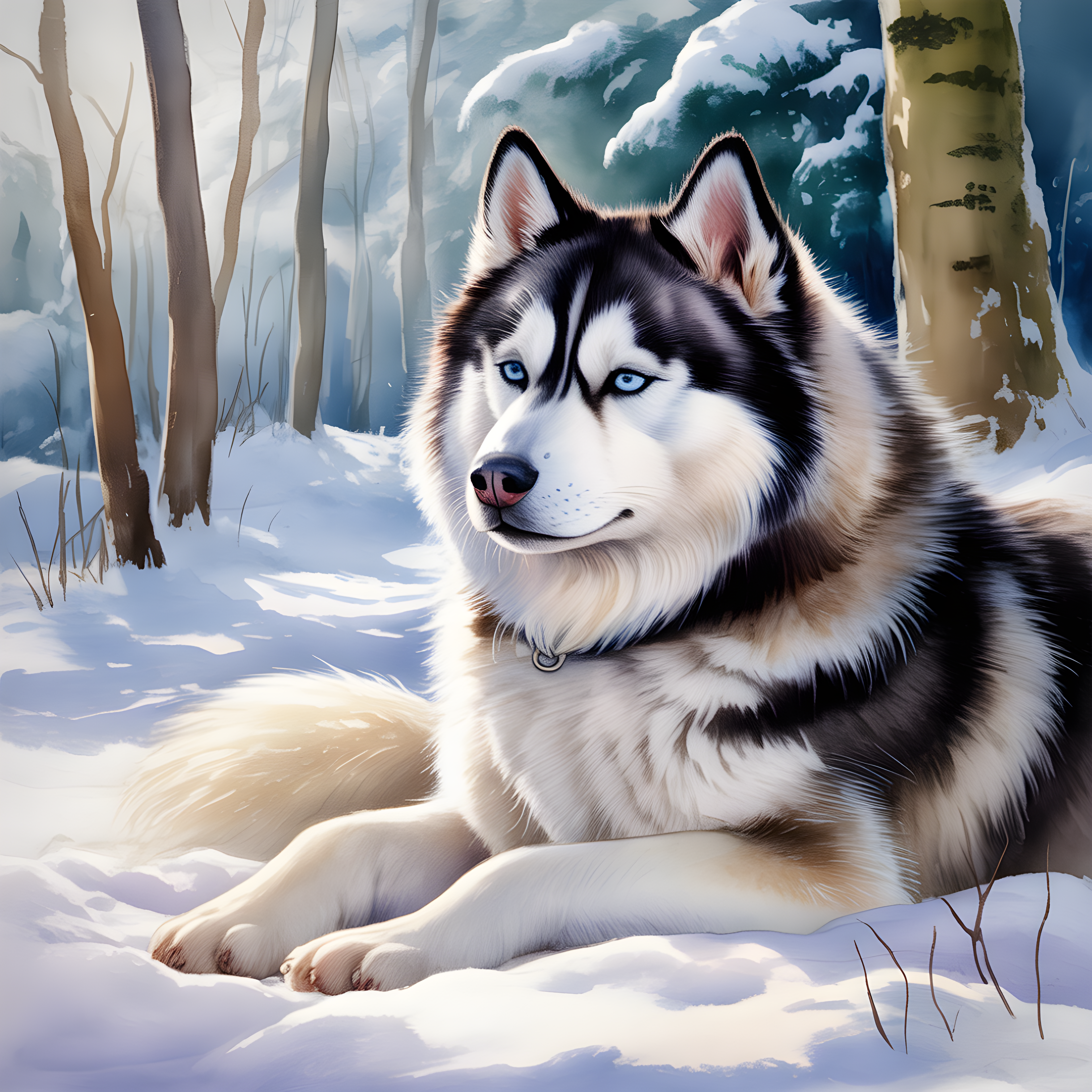 Husky in Winter Forest - Watercolor Wall Art