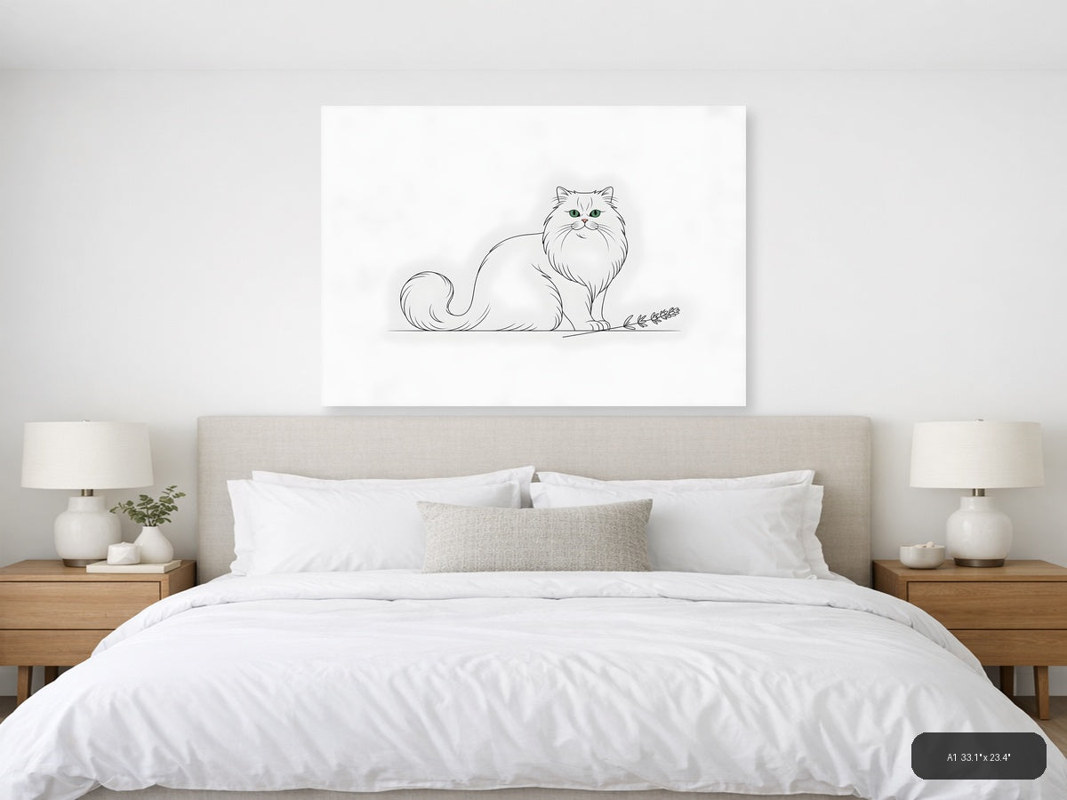 Fluffy White Cat Minimalist Line Drawing Wall Art — A1 / Bedroom