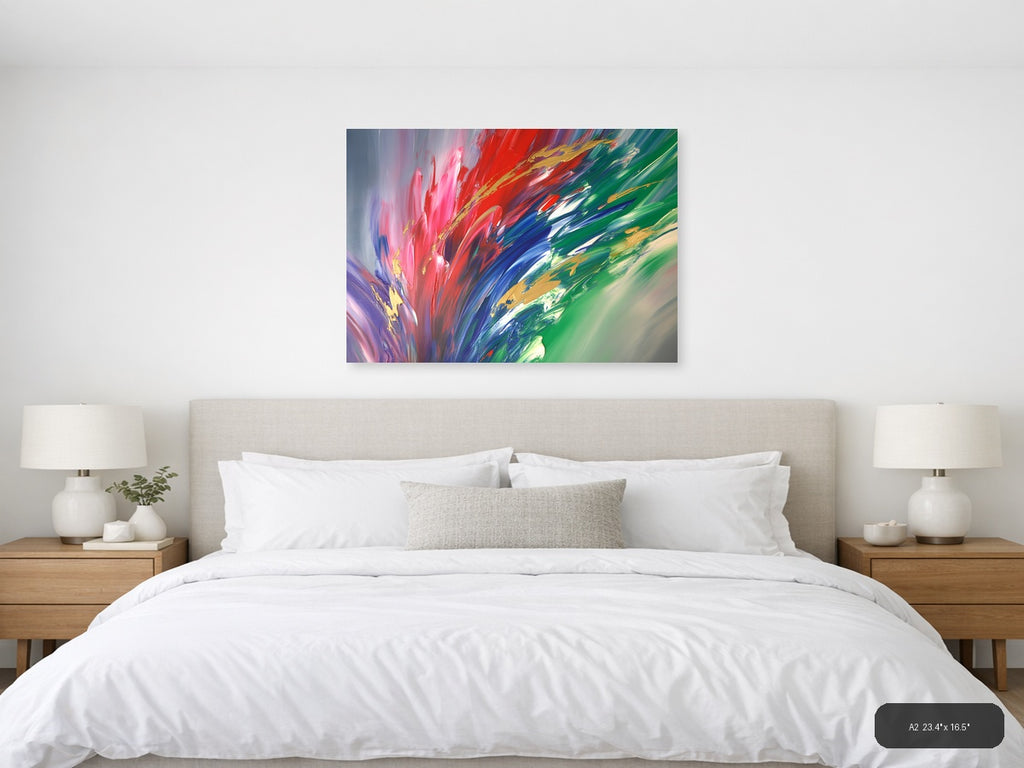 Vibrant Abstract Explosion: Pink, Red & Green Wall Art — A2 / Bedroom