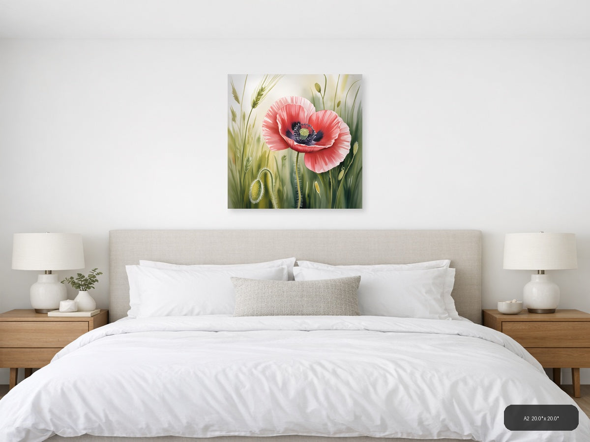 Red Poppy Watercolor Flower with Wheat Field Wall Art — A2 / Bedroom