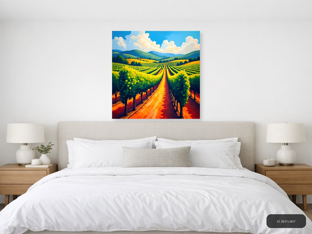Vibrant Vineyard Rows Abstract Landscape Wall Art — A1 / Bedroom