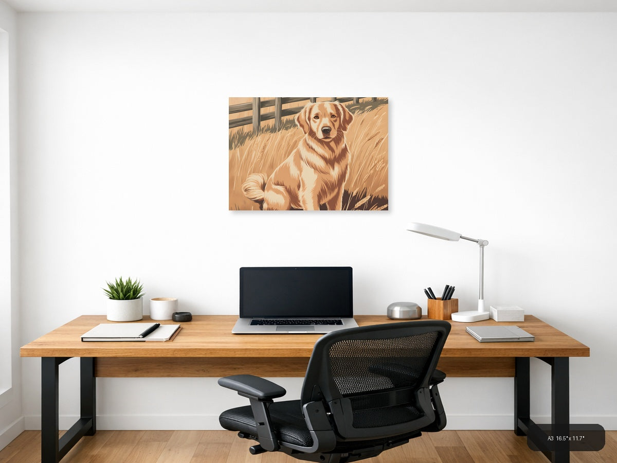 Vintage Brown and White Dog Portrait Landscape Wall Art — A3 / Office