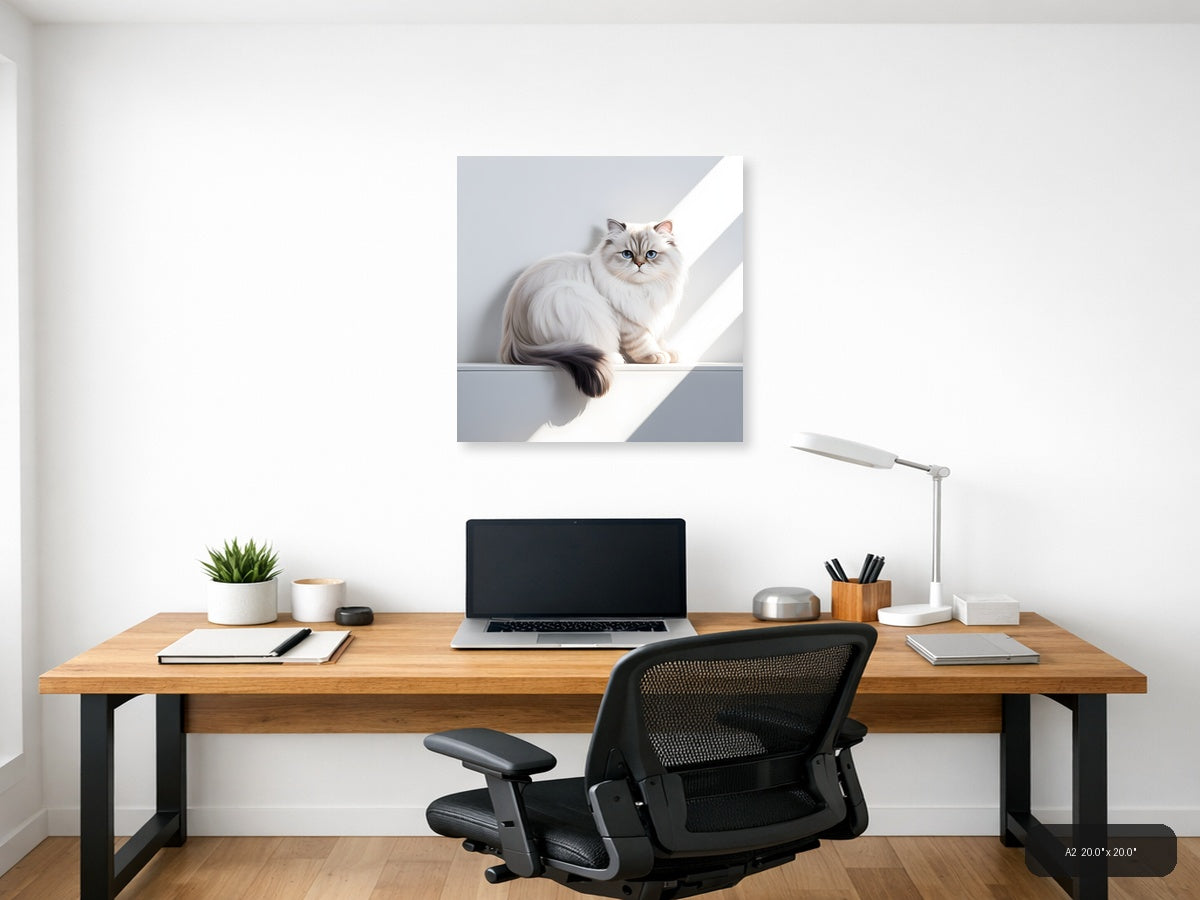 Minimalist White Cat with Blue Eyes Square Wall Art — A2 / Office