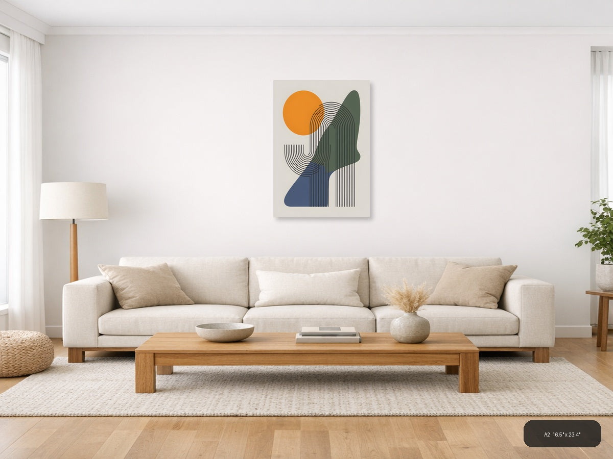Abstract Line Art Portrait with Orange Sun Wall Art — A2 / Living Room