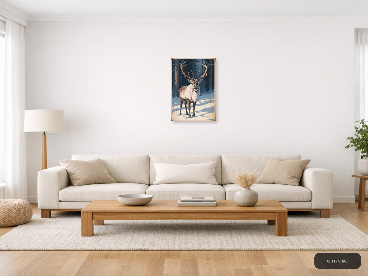 Majestic Deer in Winter Forest Vintage Wall Art — A3 / Living Room