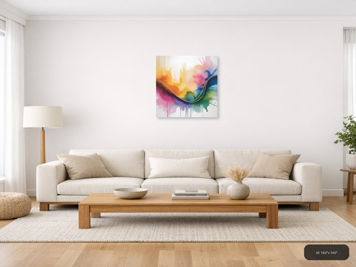 Colorful Watercolor Abstract Wave with Gold Line Wall Art — A3 / Living Room