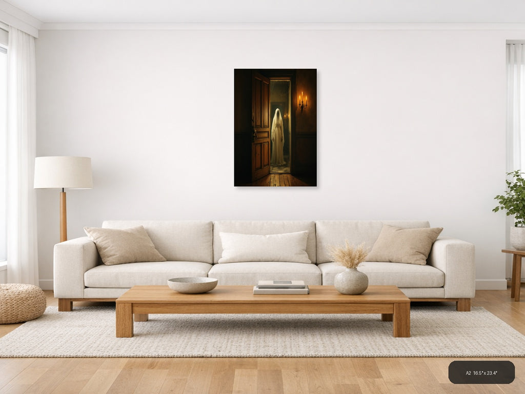 Ghostly Figure in Candlelit Hallway Vintage Wall Art — A2 / Living Room