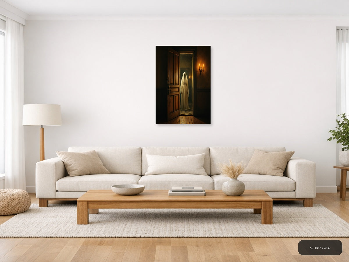 Ghostly Figure in Candlelit Hallway Vintage Wall Art — A2 / Living Room