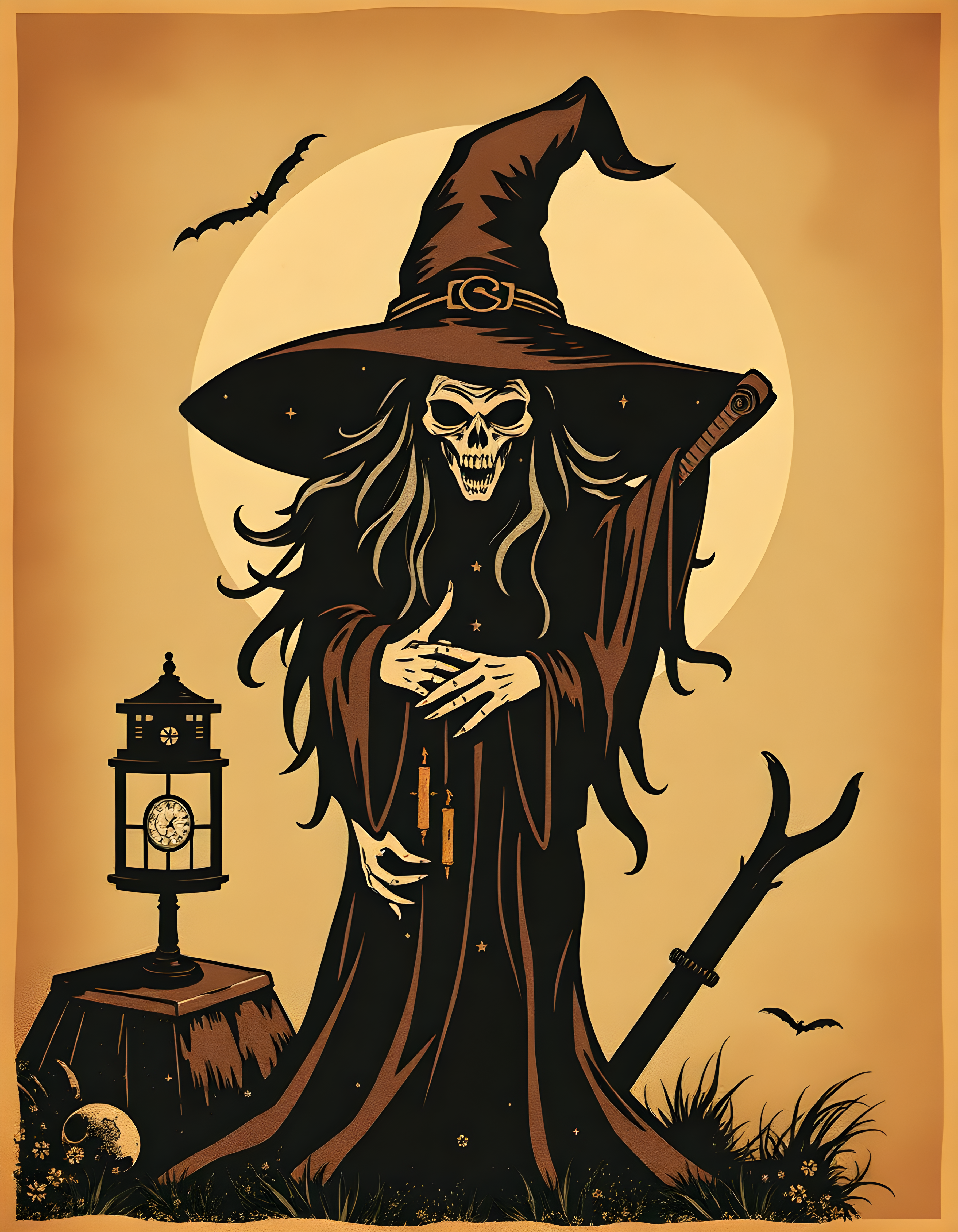 Vintage Skeleton Witch with Hat Moon Wall Art