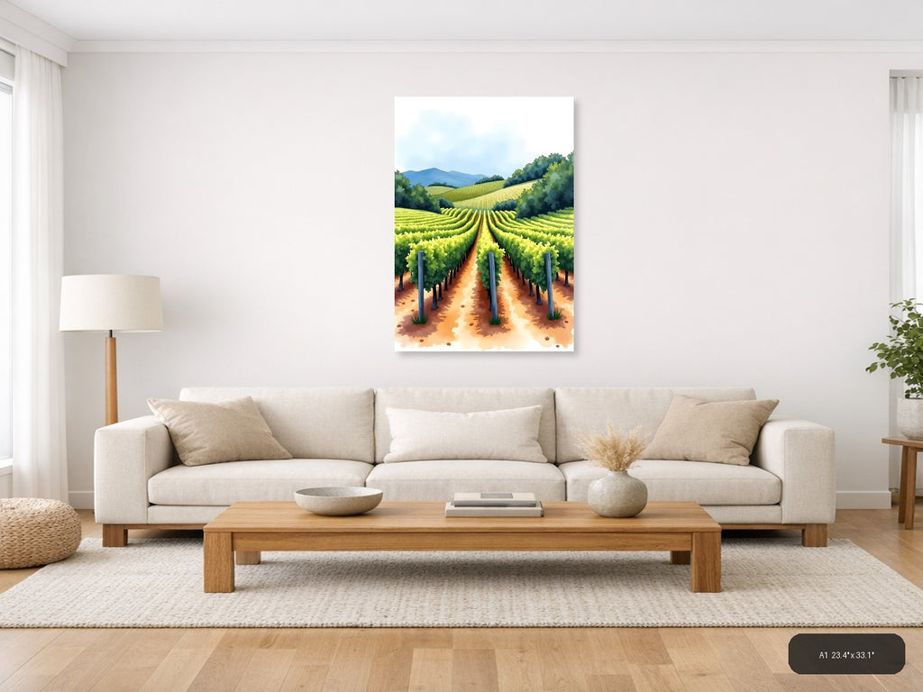Vineyard Rows Watercolor Landscape Wall Art — A1 / Living Room