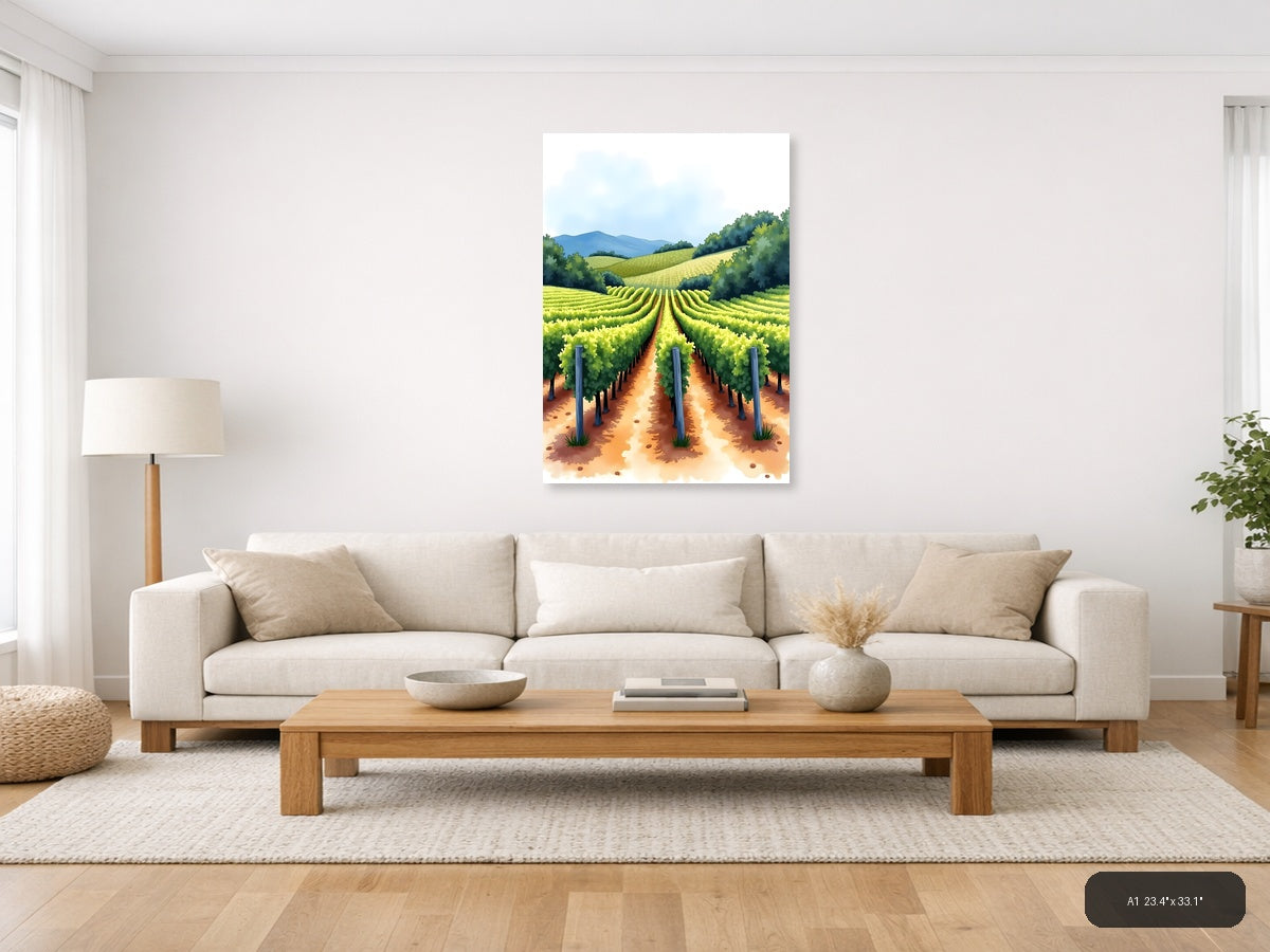 Vineyard Rows Watercolor Landscape Wall Art — A1 / Living Room