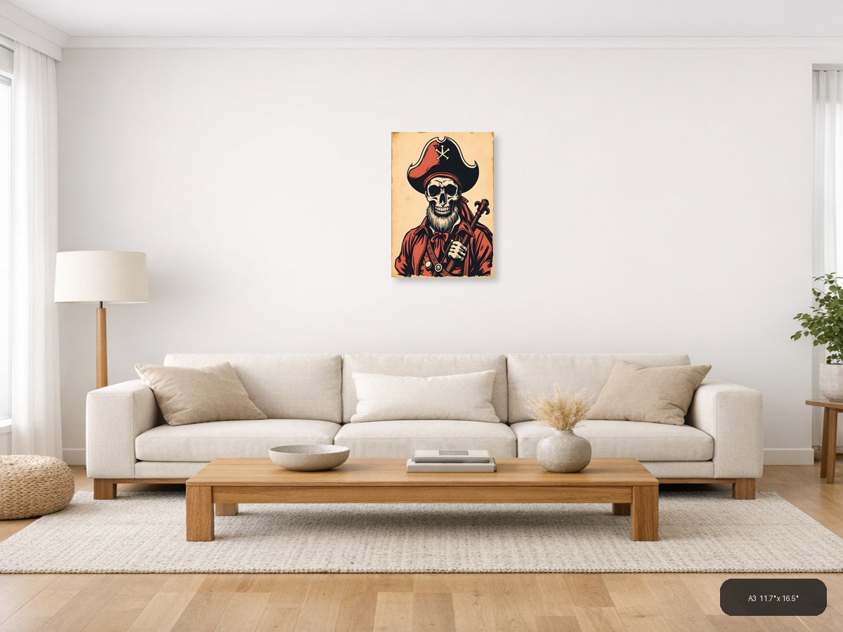 Vintage Pirate Skull Crossbones Red Black Wall Art — A3 / Living Room