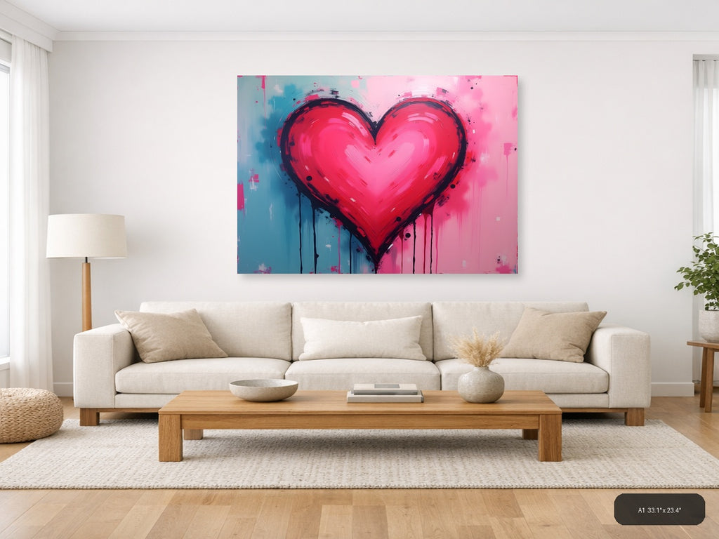 Bold Pink Heart Abstract Drip Modern Wall Art — A1 / Living Room