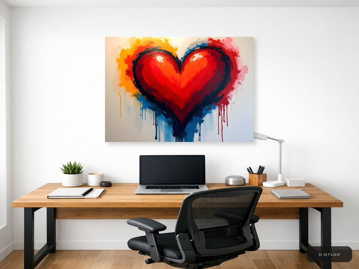 Abstract Red Heart with Colorful Drip Abstract Wall Art — A1 / Office