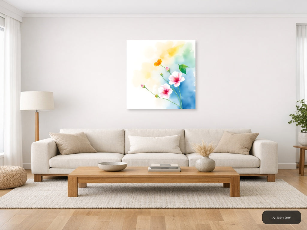 Watercolor Pink & Yellow Flowers on Blue Wall Art — A2 / Living Room