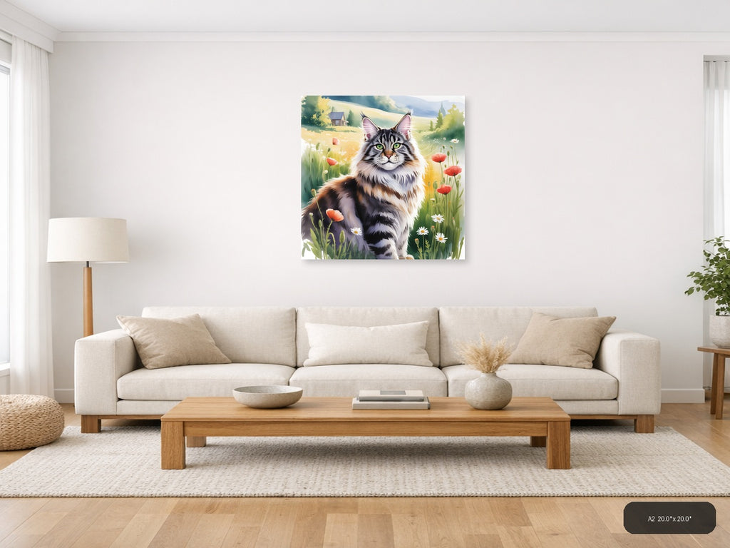 Fluffy Tabby Cat in Wildflower Meadow Watercolor Wall Art — A2 / Living Room