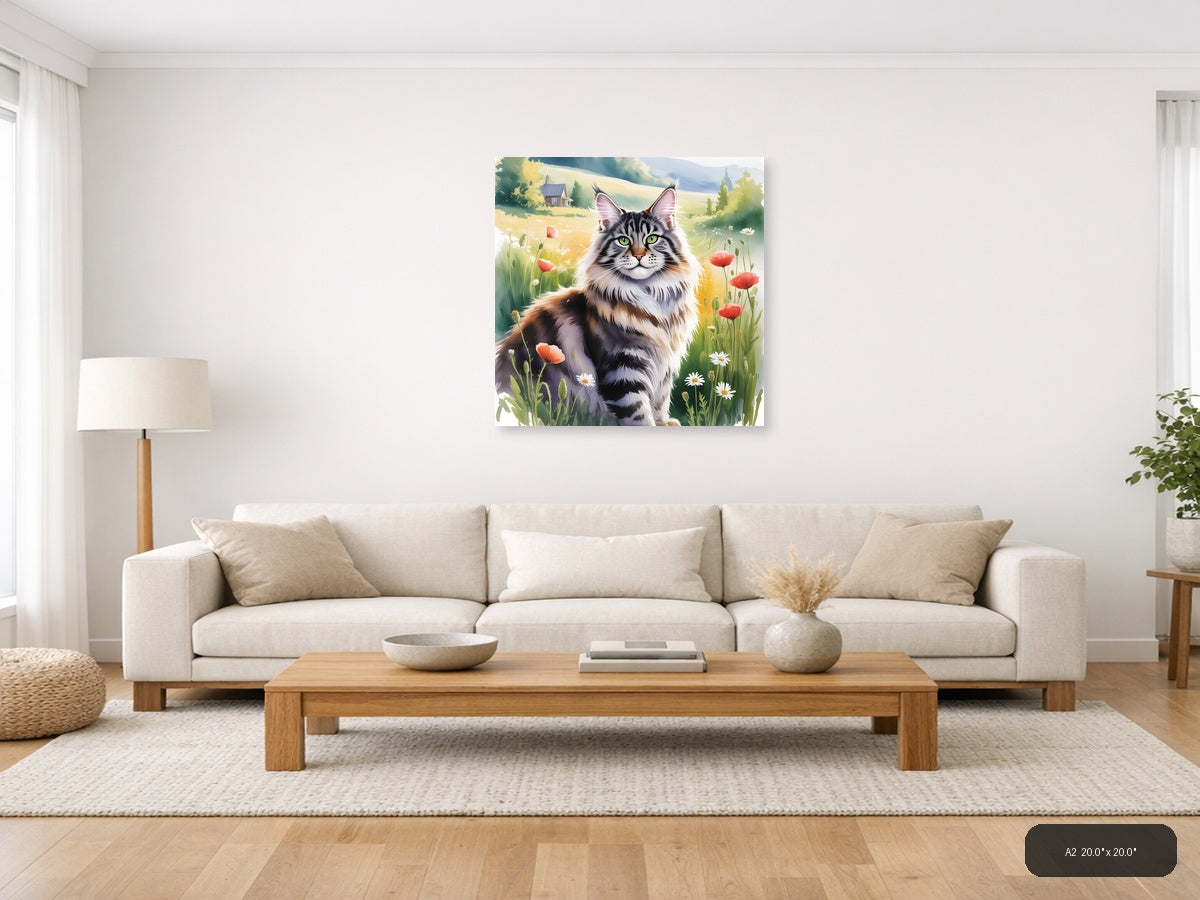 Fluffy Tabby Cat in Wildflower Meadow Watercolor Wall Art — A2 / Living Room