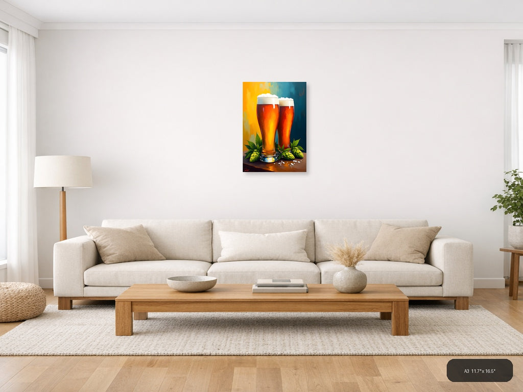 Two Beer Glasses with Hops Abstract Wall Art — A3 / Living Room