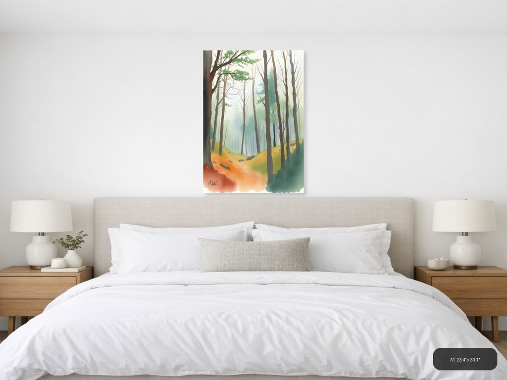 Misty Forest Path Watercolor Wall Art — A1 / Bedroom