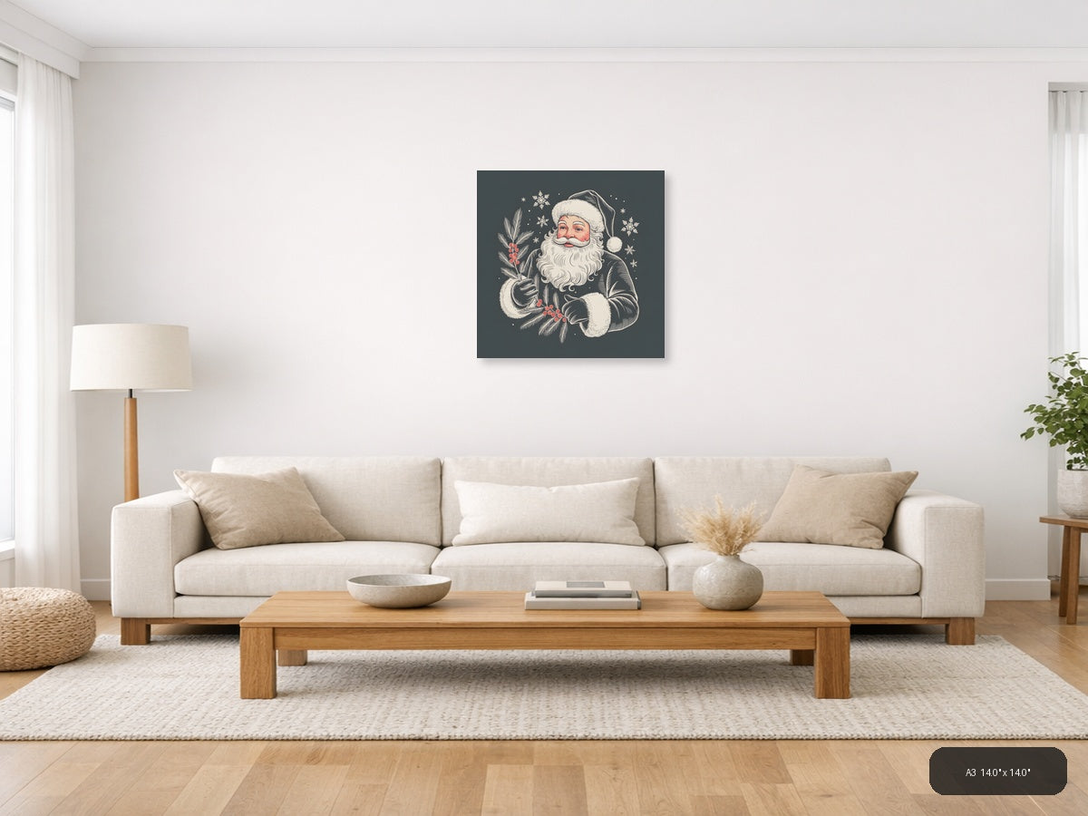 Santa Claus with Holly Line Art Winter Wall Art — A3 / Living Room