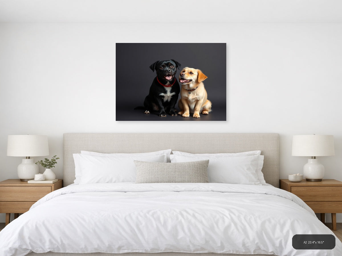 Two Happy Labradors Portrait on Gray | Minimalist Dog Wall Art — A2 (Bedroom)