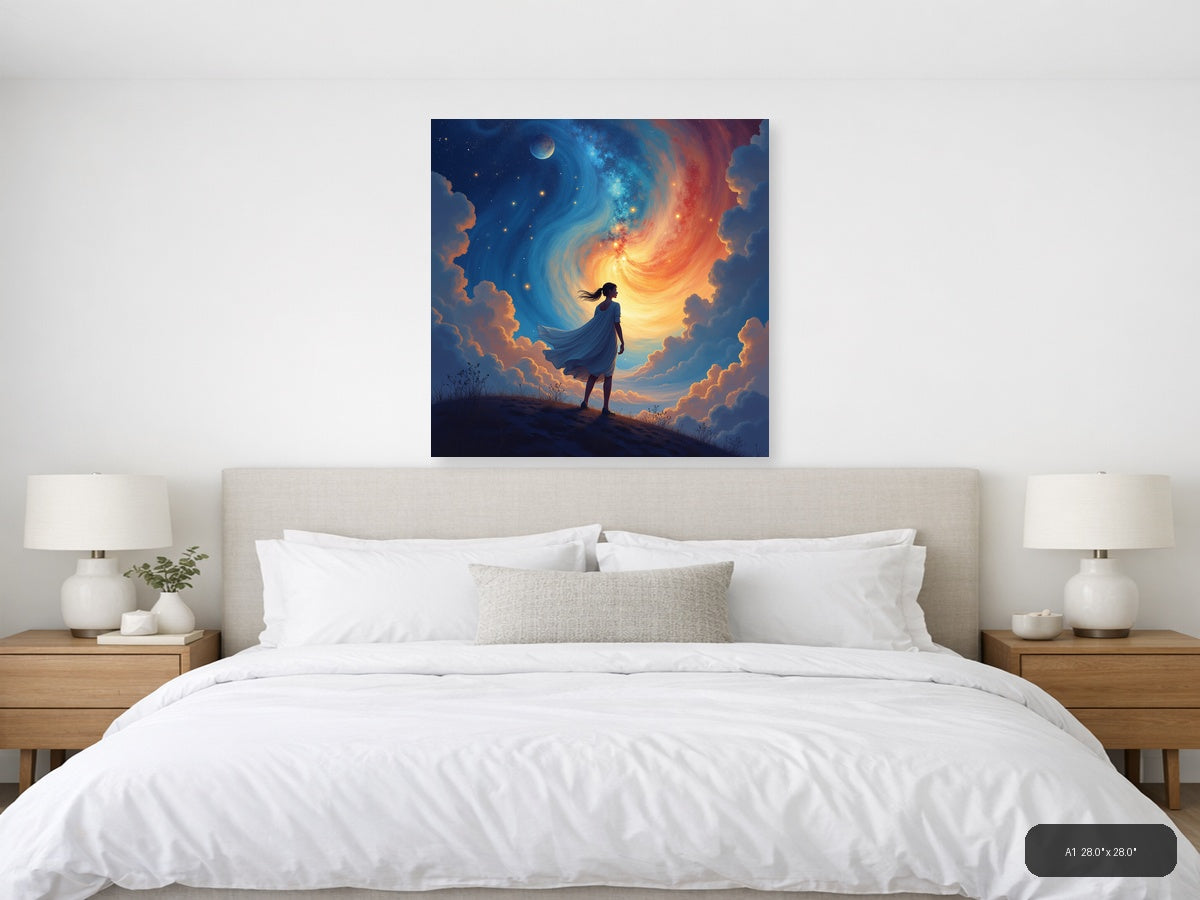 Woman Gazing at Cosmic Spiral Abstract Wall Art — A1 / Bedroom