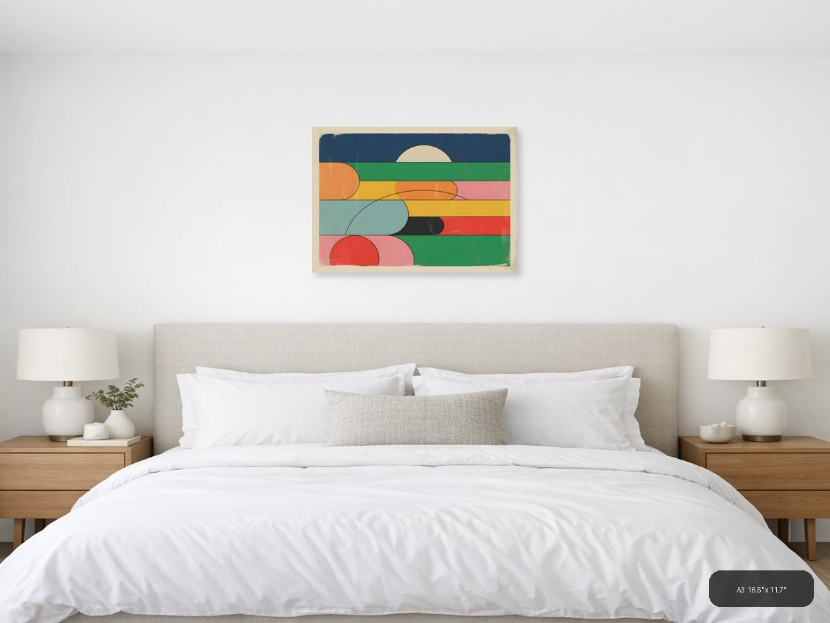 Vintage Retro Geometric Landscape Sunrise Wall Art — A3 / Bedroom
