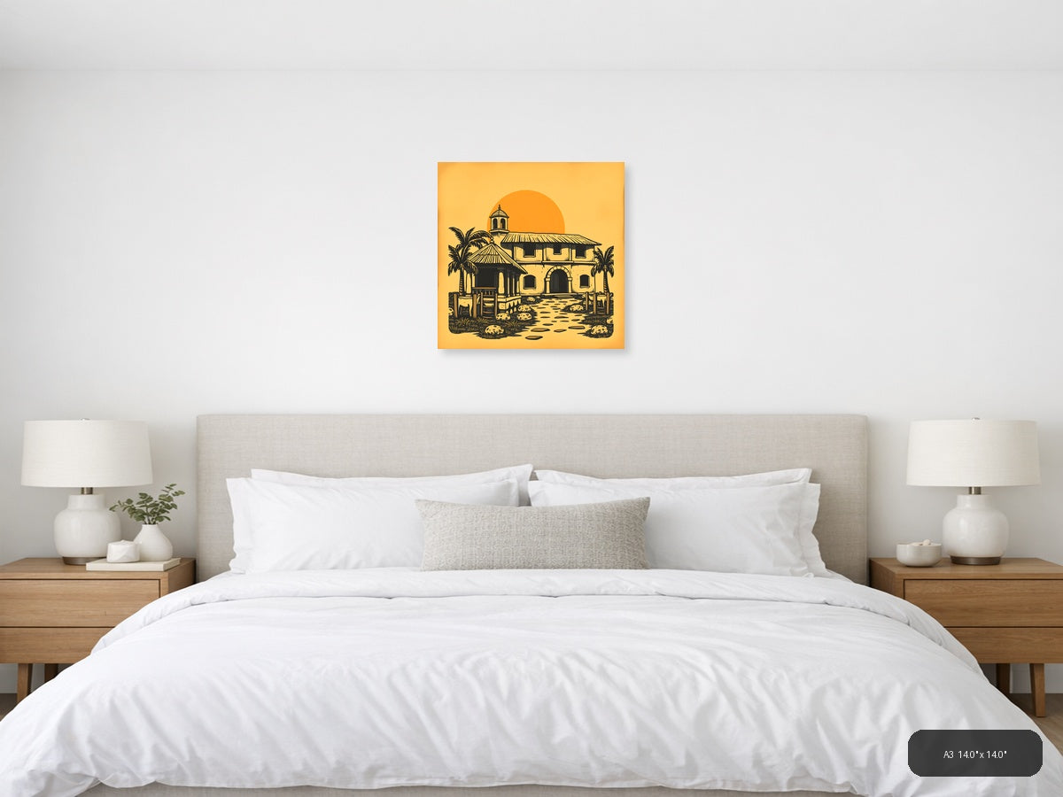 Vintage Desert Mission Church with Palm Trees Wall Art — A3 / Bedroom