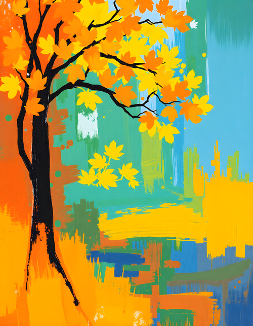 Abstract Autumn Tree with Golden Leaves Wall Art