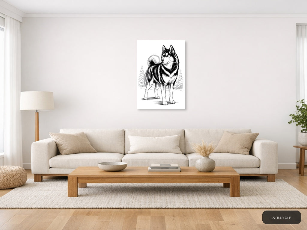 Husky Portrait Line Art Drawing - Black & White Wall Art — A2 / Living Room