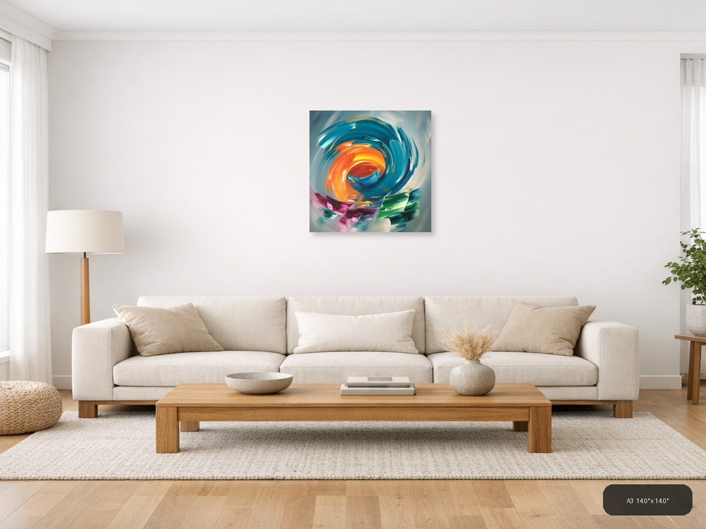 Vibrant Spiral Abstract Orange & Teal Canvas Wall Art — A3 / Living Room
