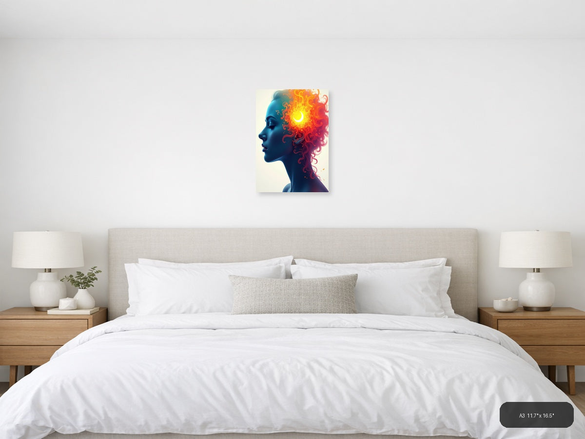 Blue Profile with Fiery Cosmic Energy Abstract Wall Art — A3 / Bedroom