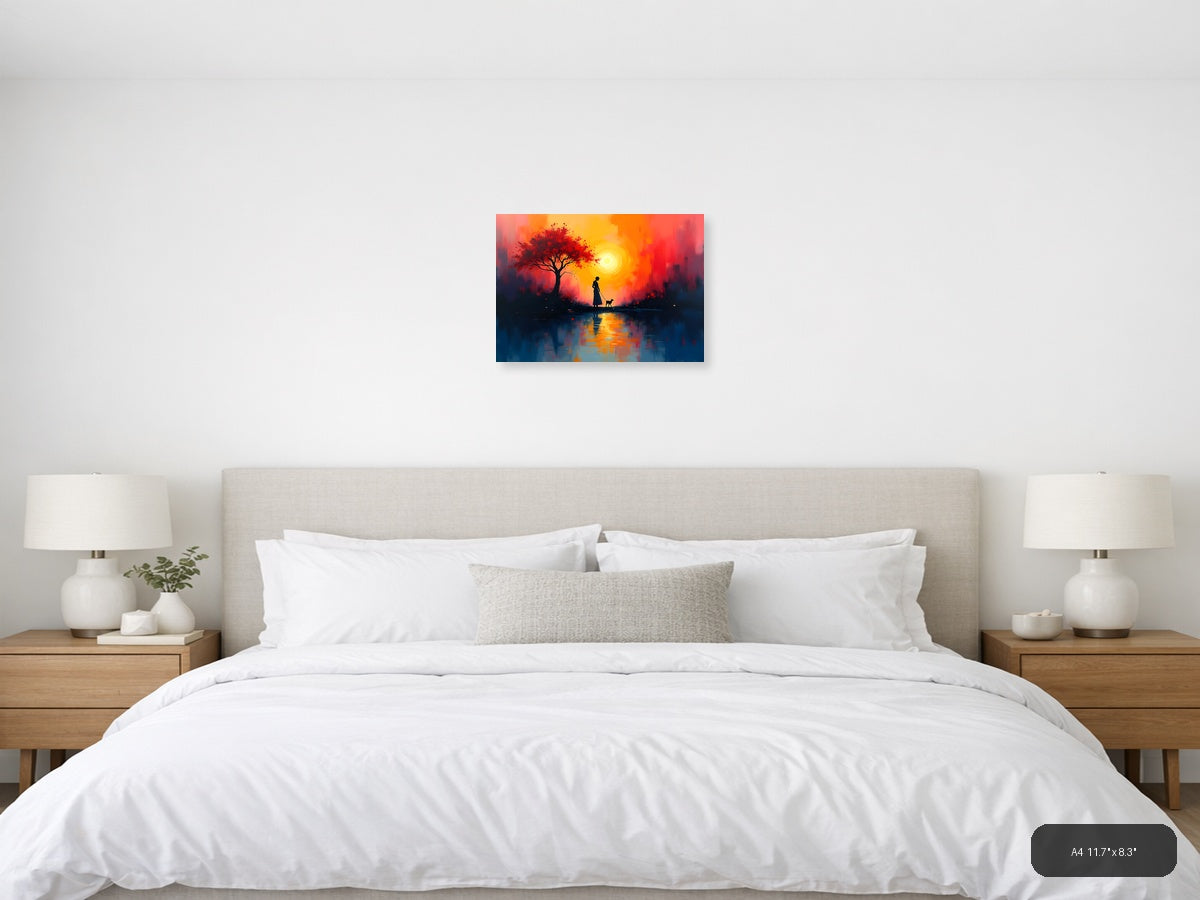 Sunset Woman with Dog & Red Tree Abstract Wall Art — A4 / Bedroom