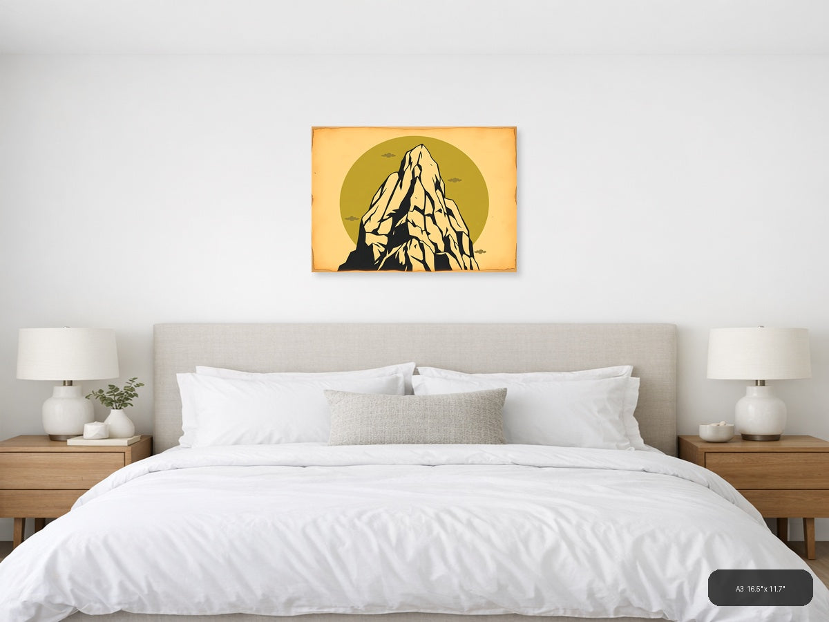 Vintage Mountain Peak Against Gold Sky Wall Art — A3 / Bedroom