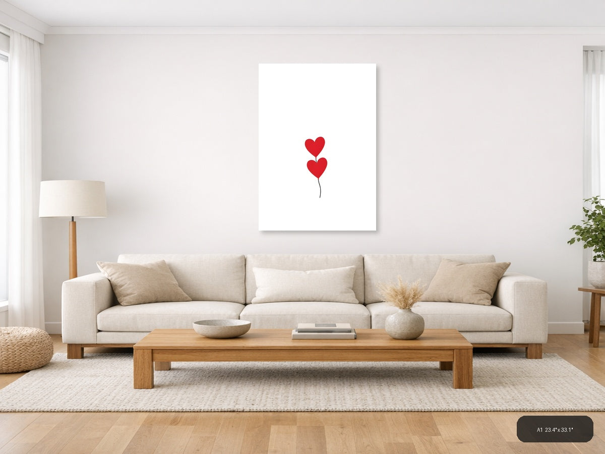 Two Red Hearts Minimalist Balloon Wall Art — A1 / Living Room