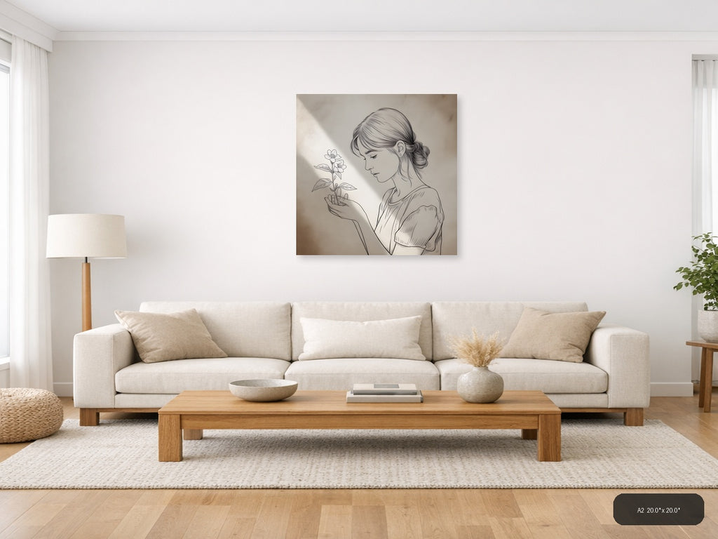 Woman with Flower Line Art Drawing Wall Art — A2 / Living Room
