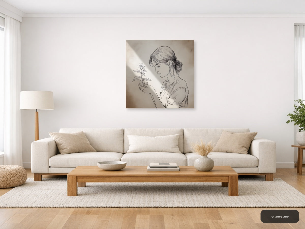 Woman with Flower Line Art Drawing Wall Art — A2 / Living Room
