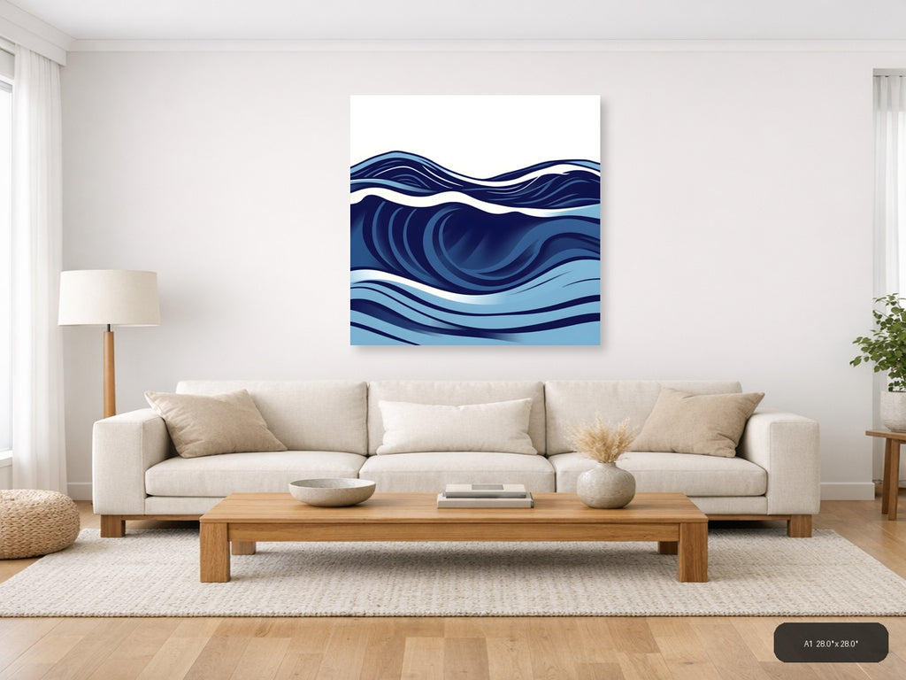 Abstract Ocean Waves Minimalist Blue Wall Art — A1 / Living Room