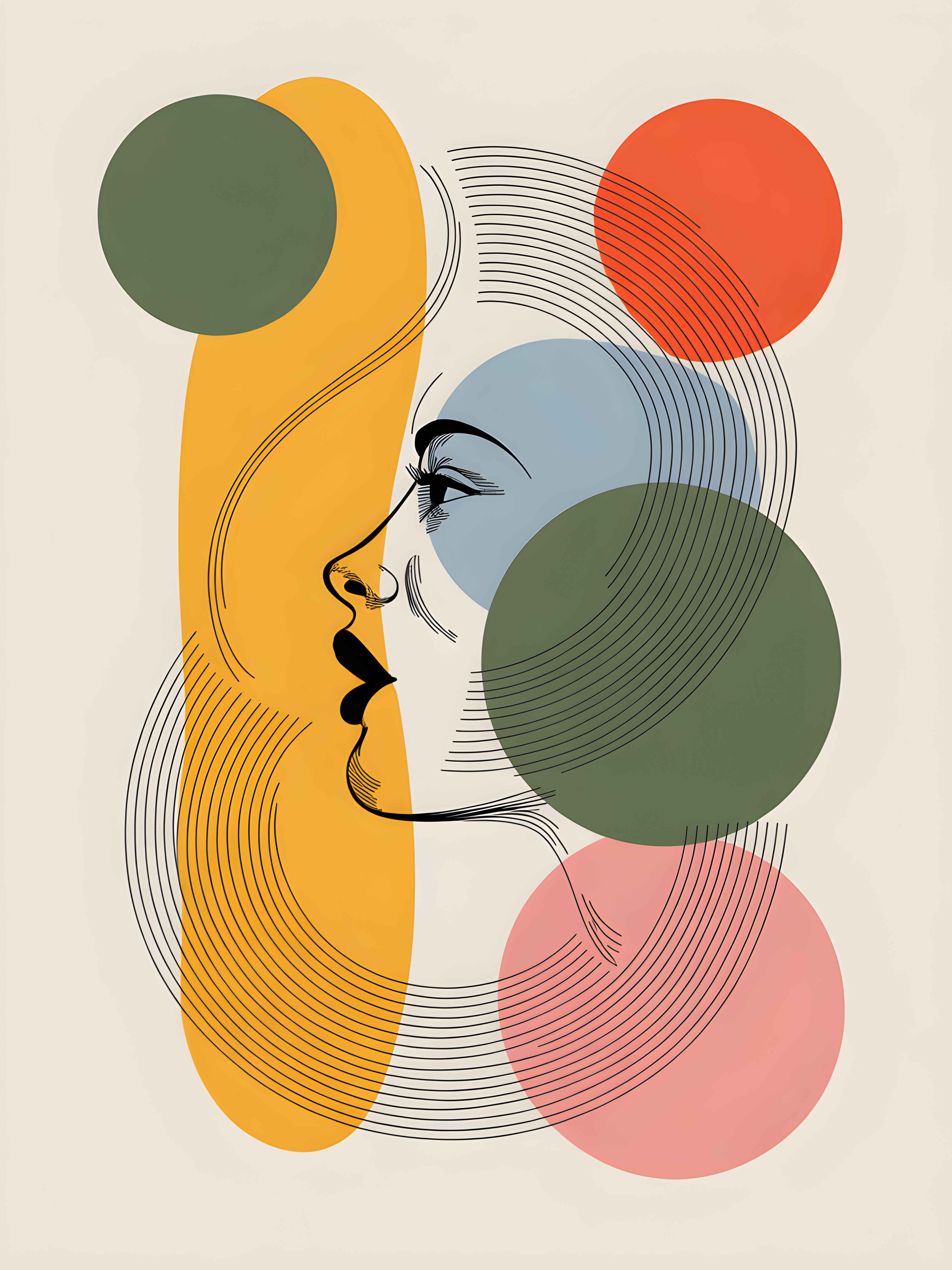 Abstract Line Art Portrait with Geometric Circles Wall Art