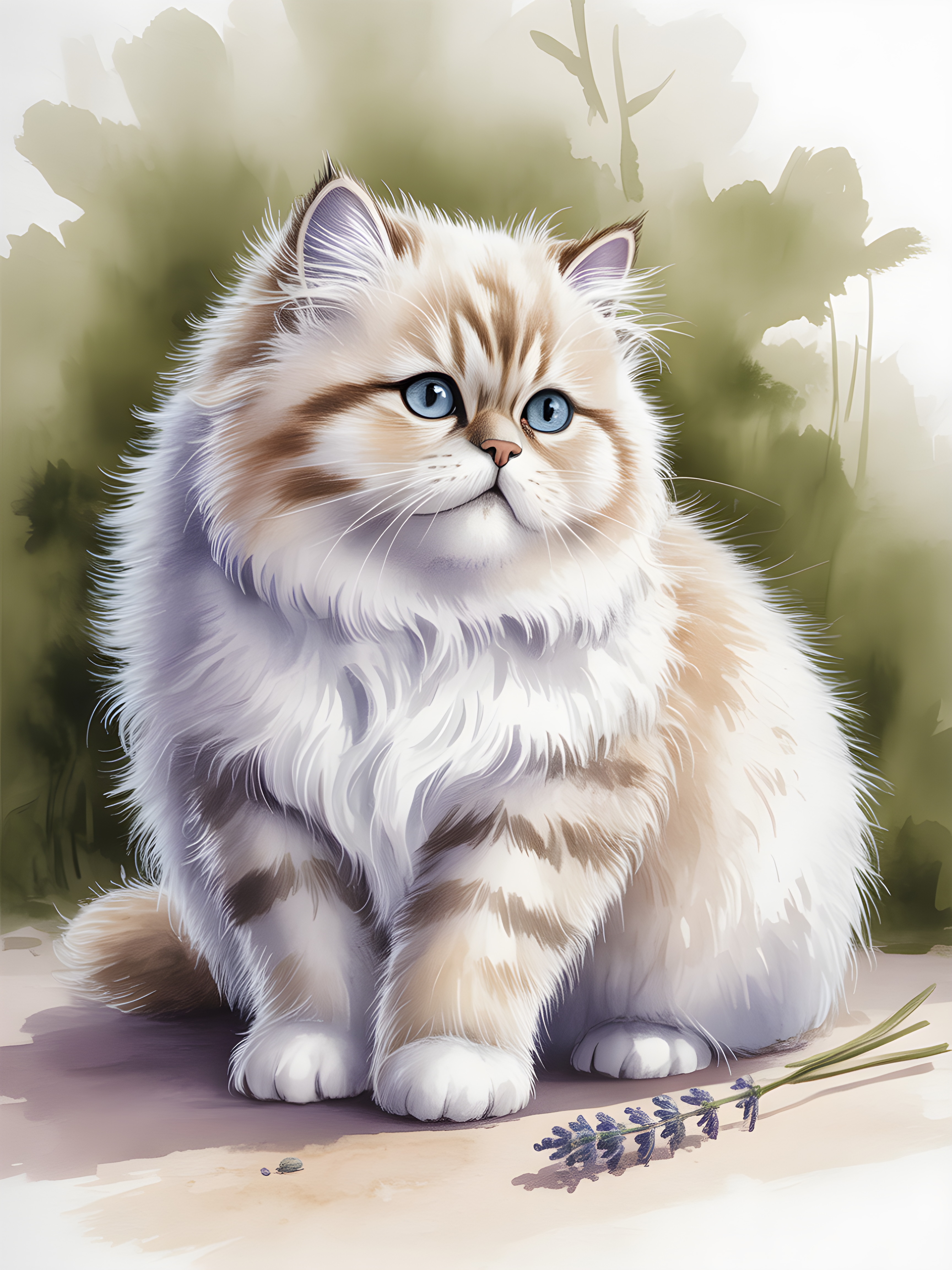 Fluffy White Cat Blue Eyes Watercolor Portrait Wall Art