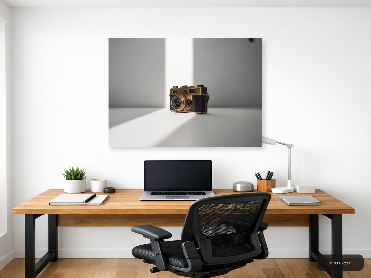 Vintage Gold Camera Minimalist Photography Wall Art — A1 / Office