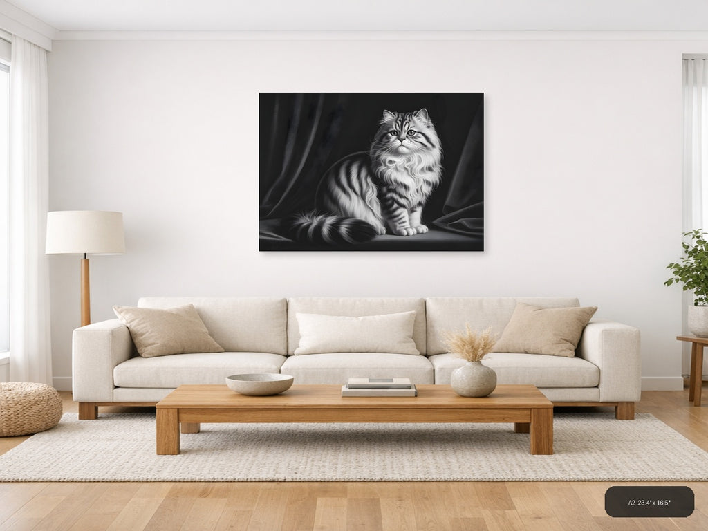 Fluffy Tabby Cat Black and White Photography Wall Art — A2 / Living Room