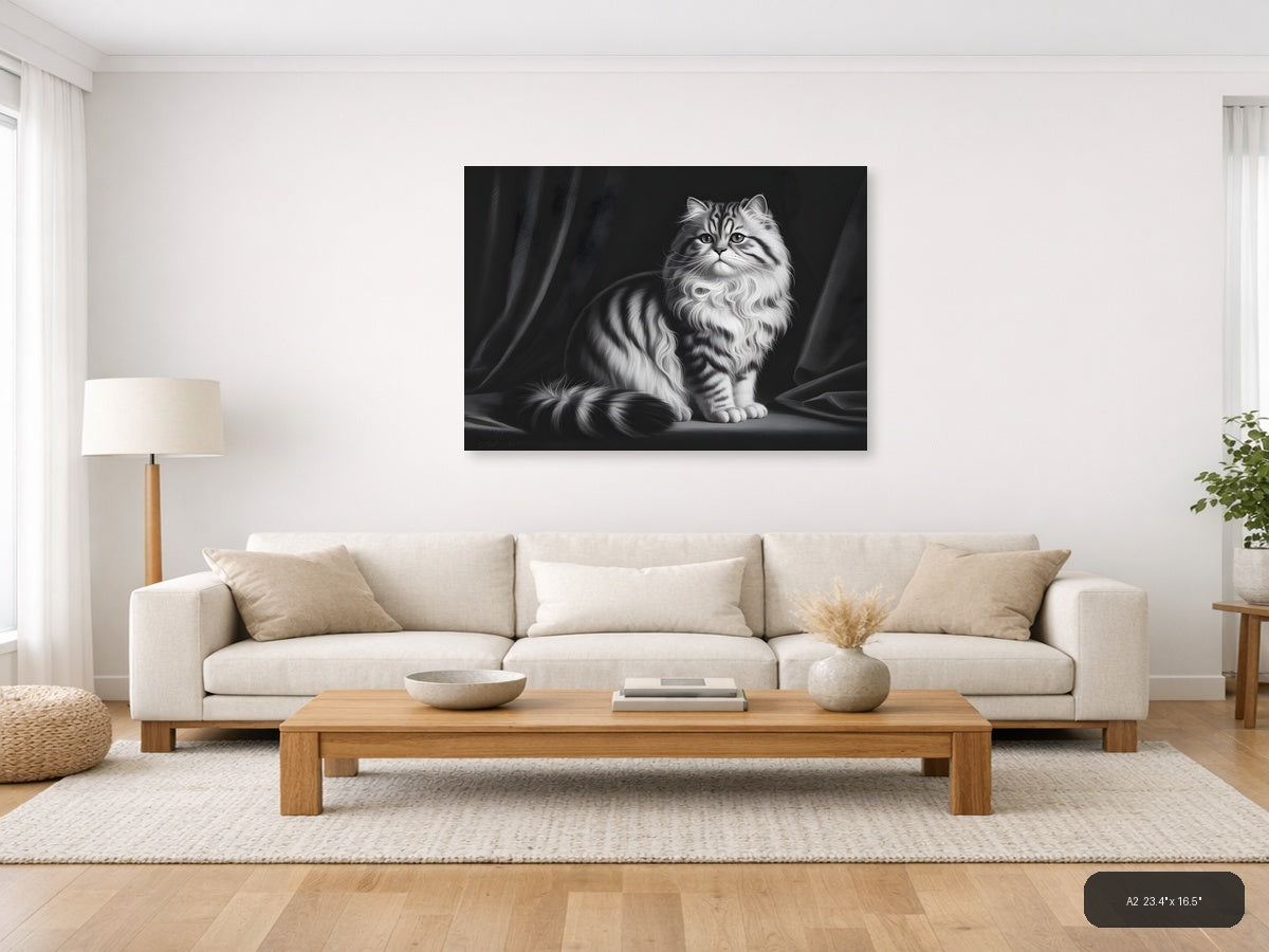 Fluffy Tabby Cat Black and White Photography Wall Art — A2 / Living Room