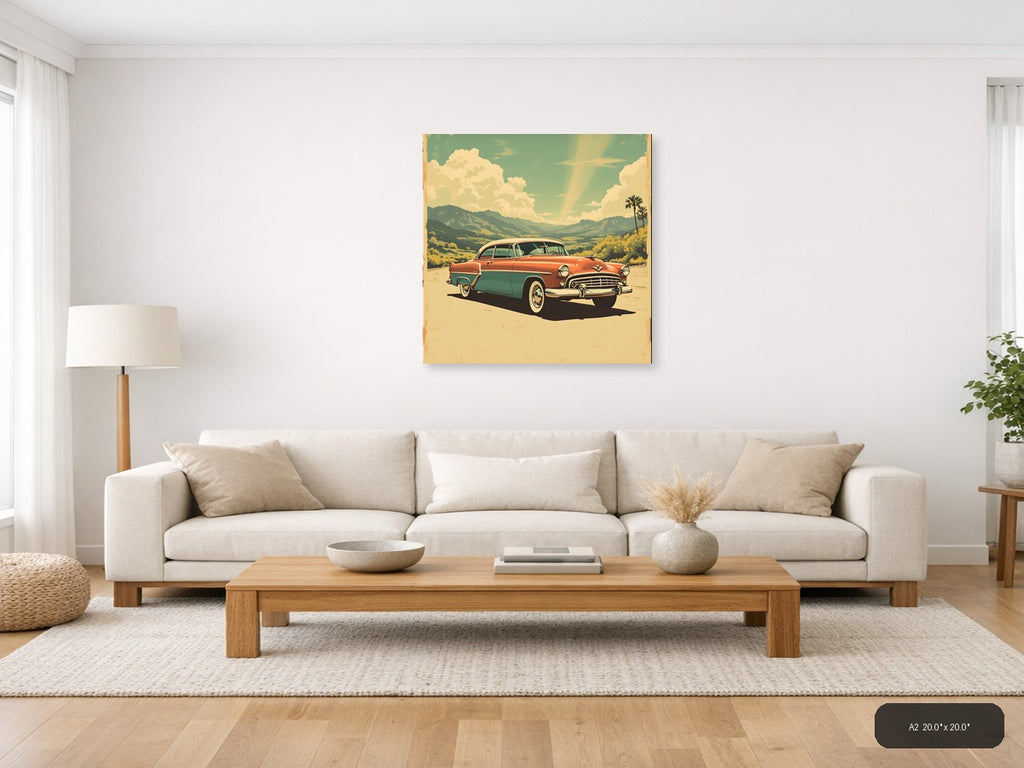 Vintage 1950s Classic Car Desert Landscape Wall Art — A2 / Living Room
