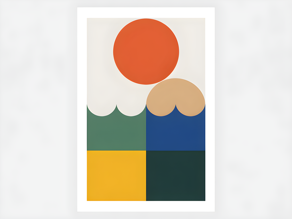 Minimalist Geometric Landscape with Sun and Water Wall Art