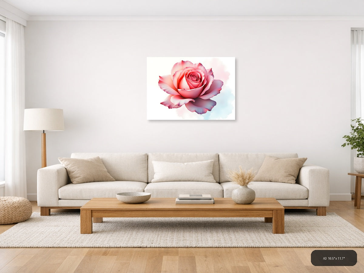 Pink Watercolor Rose Bloom Wall Art — A3 / Living Room