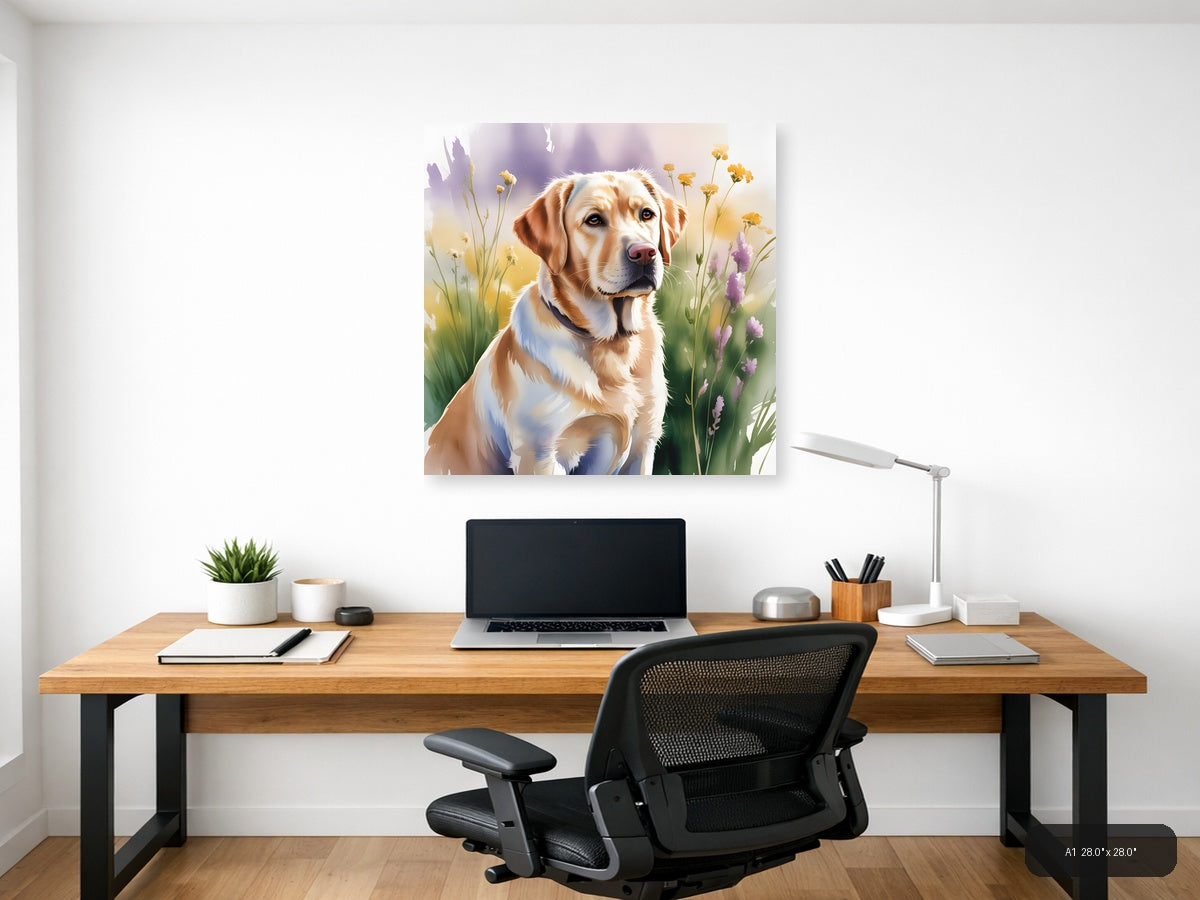 Brown and White Dog with Wildflowers Watercolor Wall Art — A1 / Office