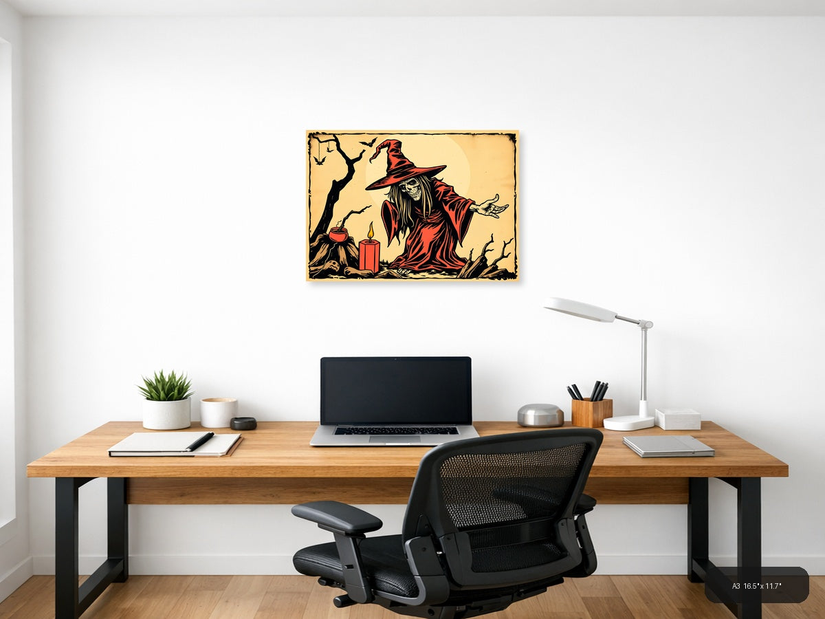 Vintage Witch in Red Robe Halloween Wall Art — A3 / Office