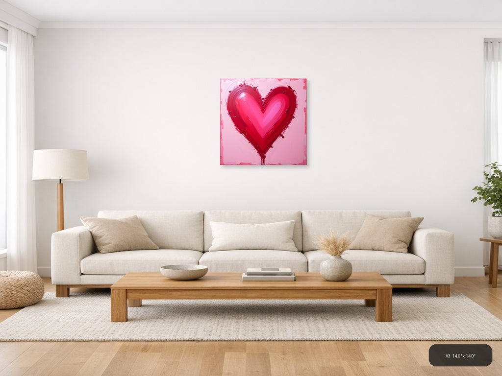 Abstract Red Heart Painting on Pink Background Wall Art — A3 / Living Room